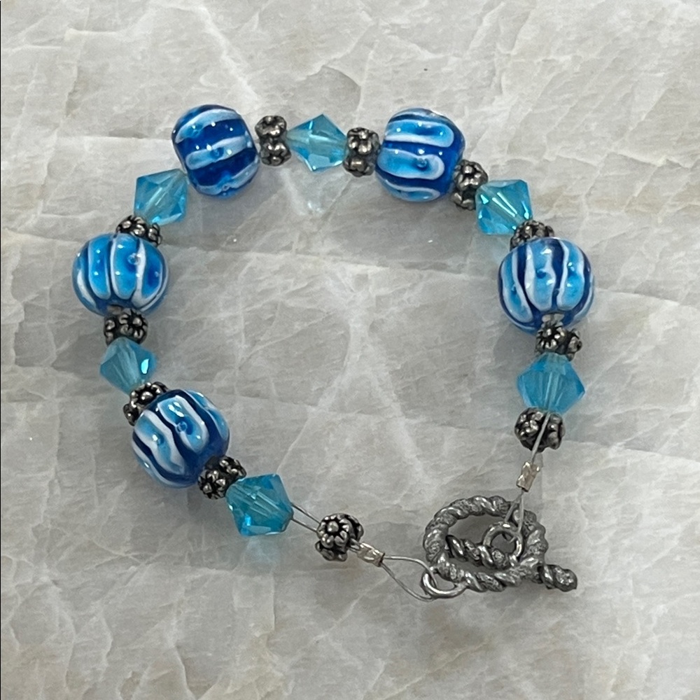 Blue Beaded Bracelet with Silver Accents